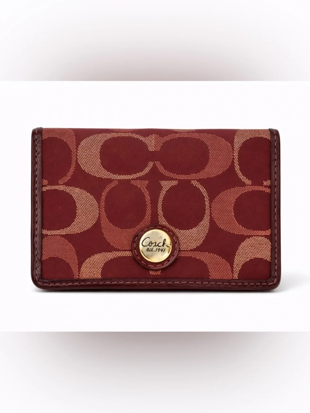 Coach Signature Burgundy Canvas Leather Wallet Mini Compact ID Holder - Picture 2 of 7